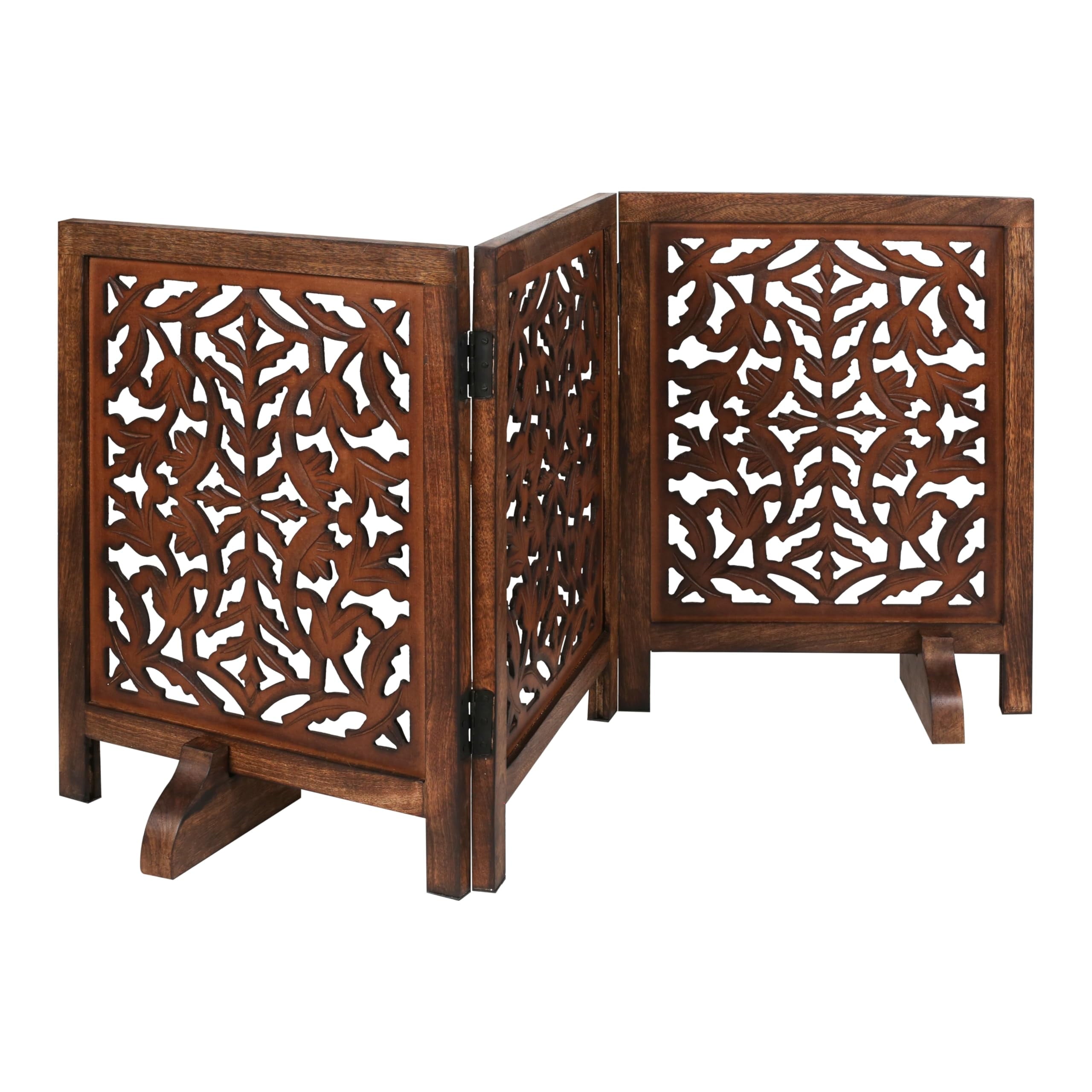 The Wooden Town Freestanding Dog Gate, Foldable 3-Panel Wooden Pet Gate, Hand-Carved Solid Wood & MDF, Burnt Finish, 54" W x 24" H