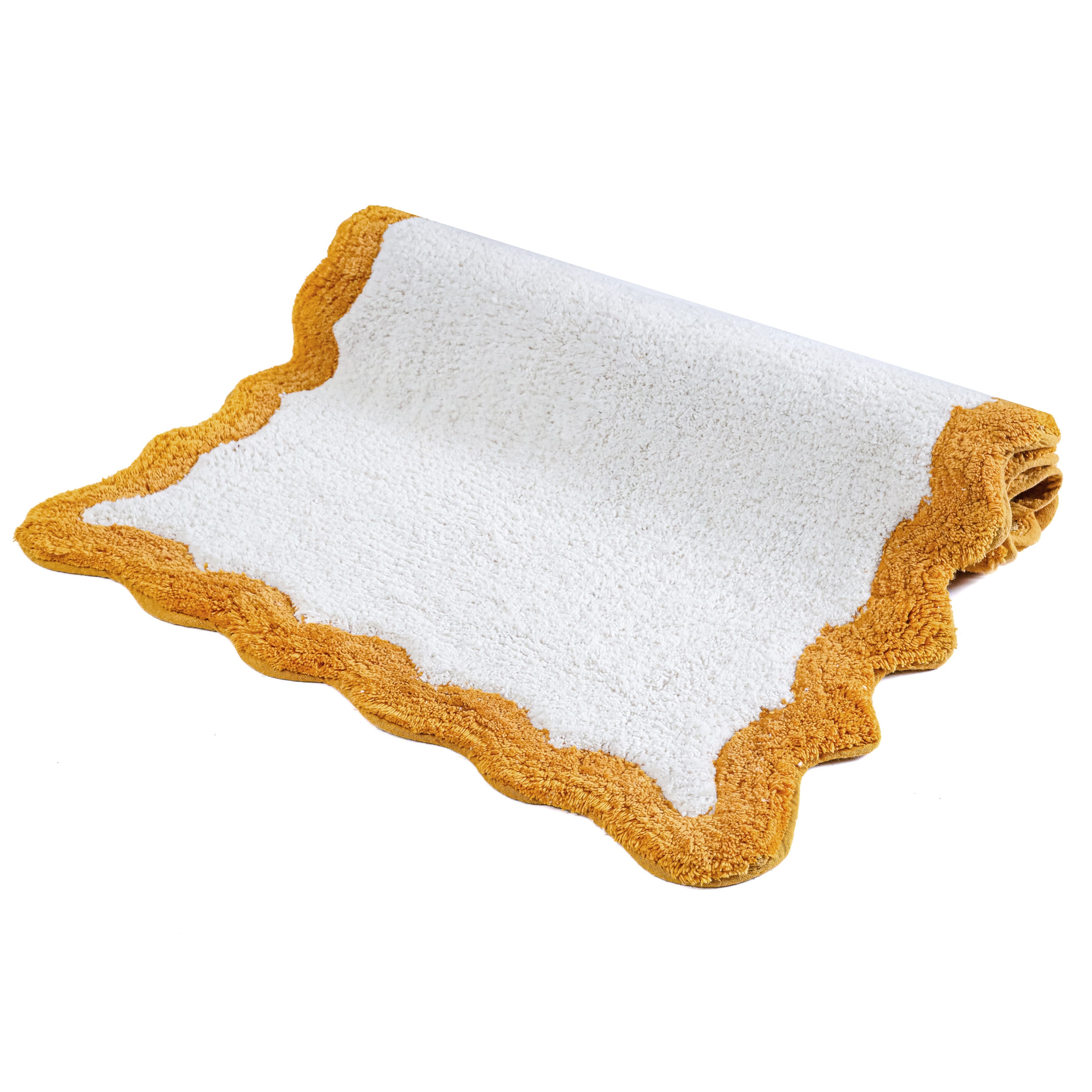 Cotton Scalloped Bathmat with Antiskid, 20X32 Inches, Mustard, 100% Cotton Scalloped Bath Mat, Anti Skid, Soft & Absorbent Bathroom Rug for Shower, Tub & Entryway
