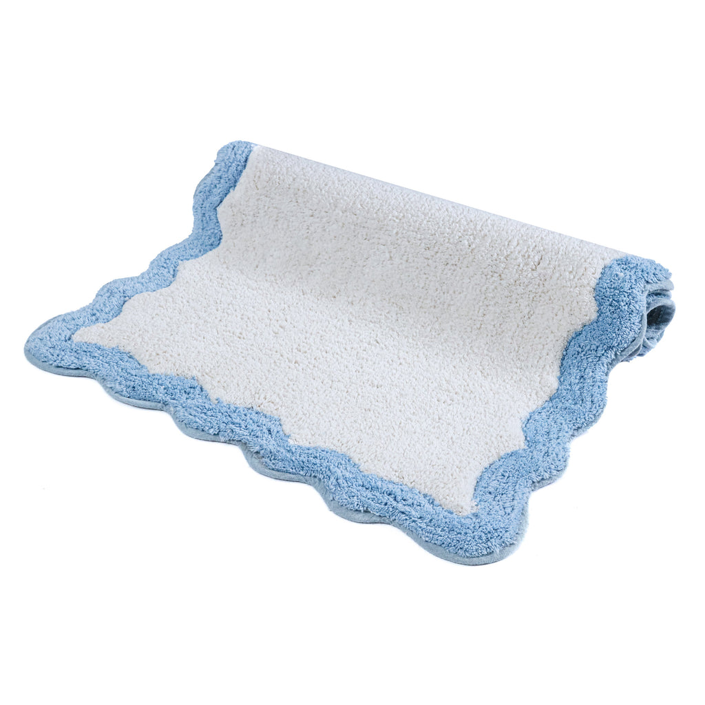 Cotton Scalloped Bathmat with Antiskid, 20X32 Inches, Blue, 100% Cotton Scalloped Bath Mat, Anti Skid, Soft & Absorbent Bathroom Rug for Shower, Tub & Entryway