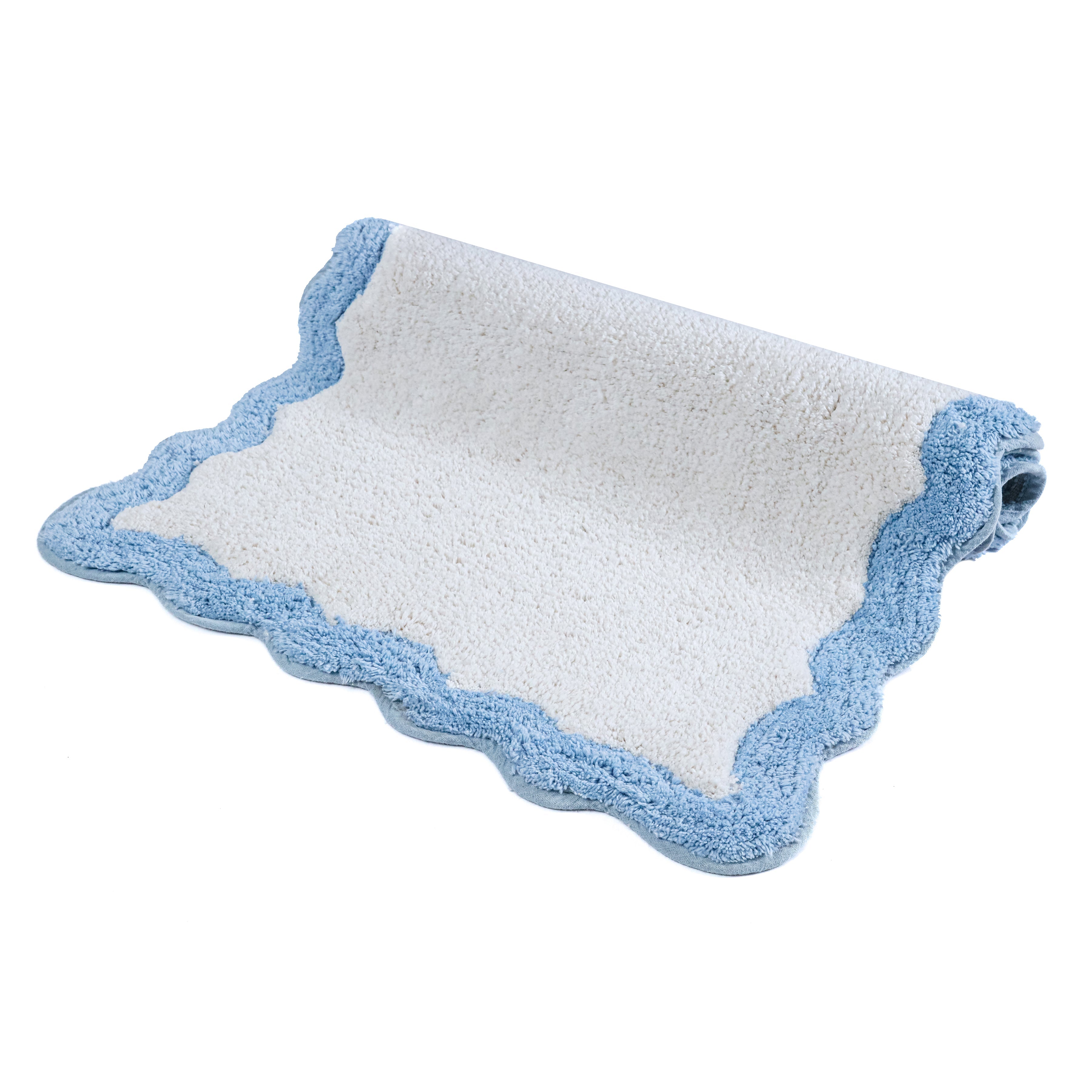 Cotton Scalloped Bathmat with Antiskid, 20X32 Inches, Blue, 100% Cotton Scalloped Bath Mat, Anti Skid, Soft & Absorbent Bathroom Rug for Shower, Tub & Entryway