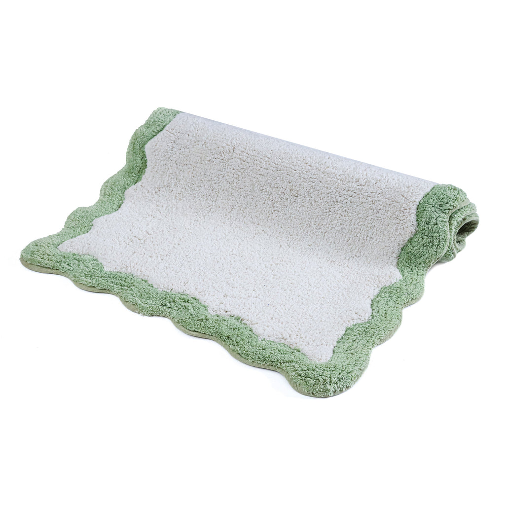 Cotton Scalloped Bathmat with Antiskid, 20X32 Inches, Sage, 100% Cotton Scalloped Bath Mat, Anti Skid, Soft & Absorbent Bathroom Rug for Shower, Tub & Entryway