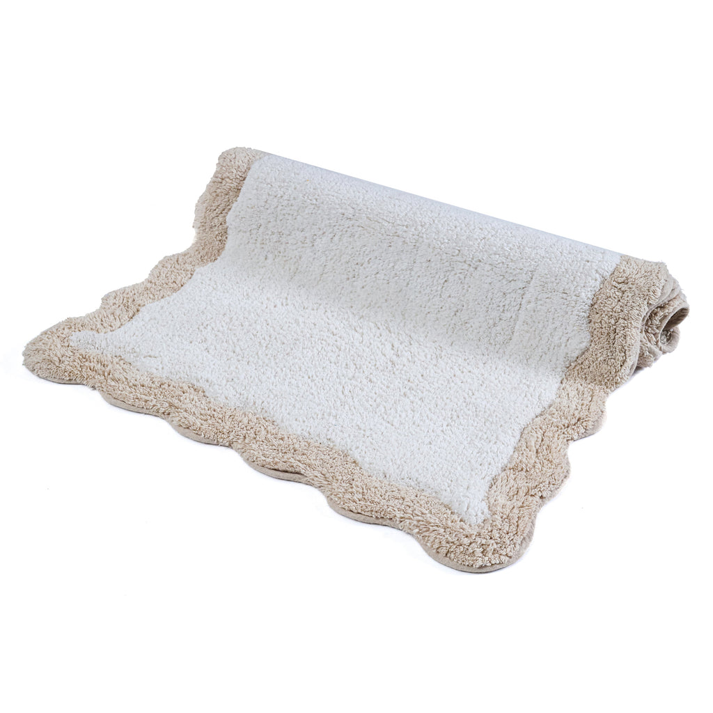 Cotton Scalloped Bathmat with Antiskid, 20X32 Inches, Linen, 100% Cotton Scalloped Bath Mat, Anti Skid, Soft & Absorbent Bathroom Rug for Shower, Tub & Entryway
