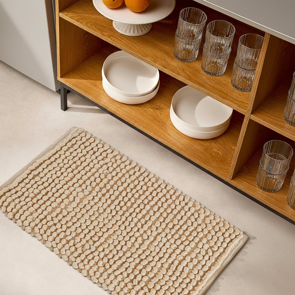 Cotton Polyester Popcorn Bath Rug, 17X24 Inches, Beige, Polyester Cotton Bath Mat, Anti Skid, Soft & Absorbent Bathroom Rug for Shower, Tub & Entryway