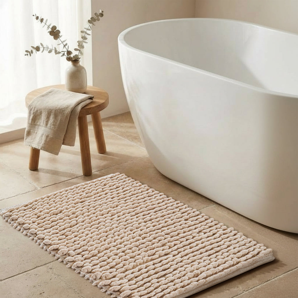 Cotton Polyester Popcorn Bath Rug, 17X24 Inches, Beige, Polyester Cotton Bath Mat, Anti Skid, Soft & Absorbent Bathroom Rug for Shower, Tub & Entryway