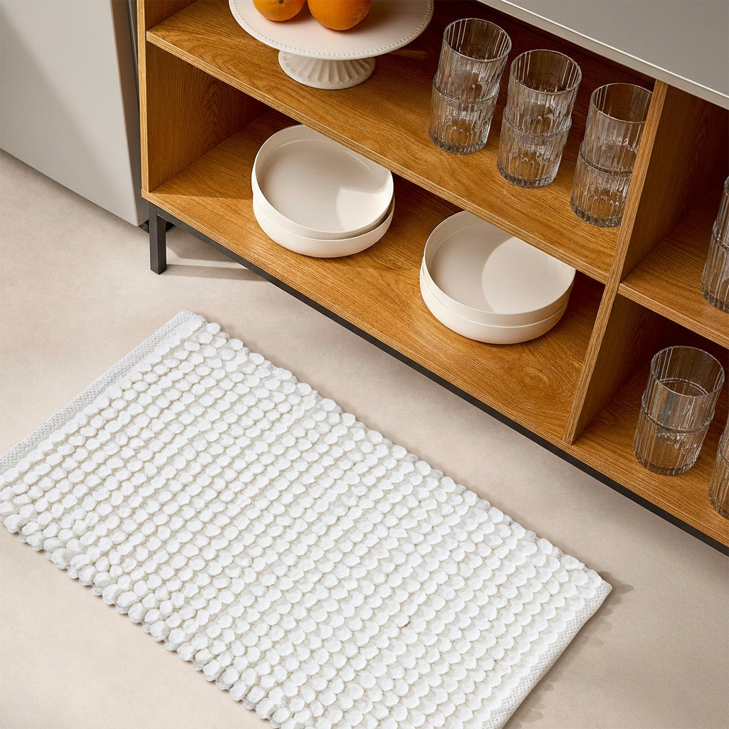 Cotton Polyester Popcorn Bath Rug, 17X24 Inches, White, Polyester Cotton Bath Mat, Anti Skid, Soft & Absorbent Bathroom Rug for Shower, Tub & Entryway