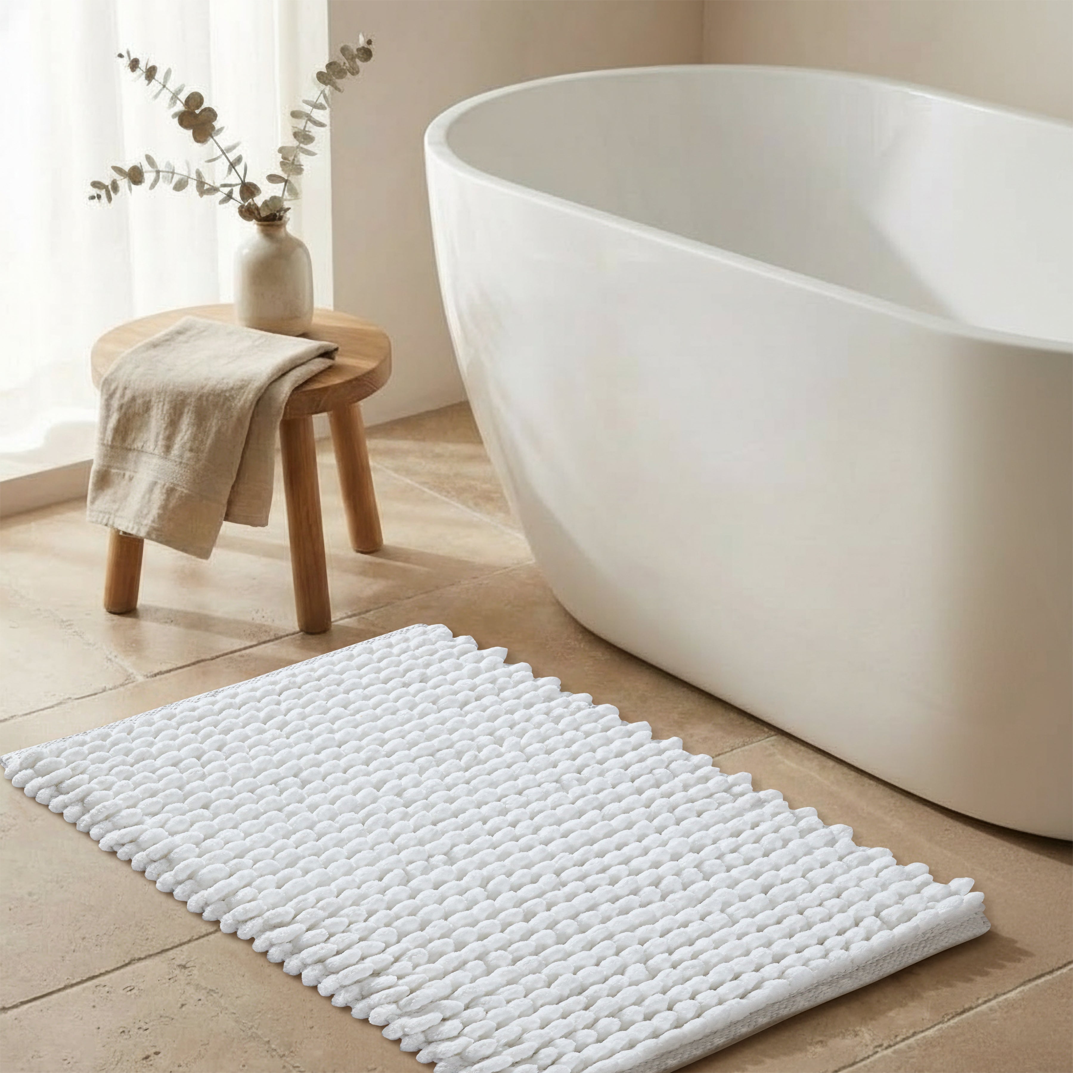 Cotton Polyester Popcorn Bath Rug, 17X24 Inches, White, Polyester Cotton Bath Mat, Anti Skid, Soft & Absorbent Bathroom Rug for Shower, Tub & Entryway