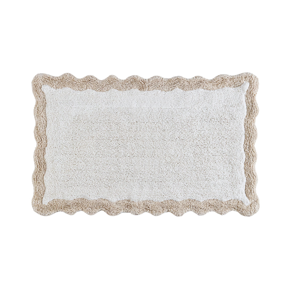 Cotton Scalloped Bathmat with Antiskid, 20X32 Inches, Linen, 100% Cotton Scalloped Bath Mat, Anti Skid, Soft & Absorbent Bathroom Rug for Shower, Tub & Entryway