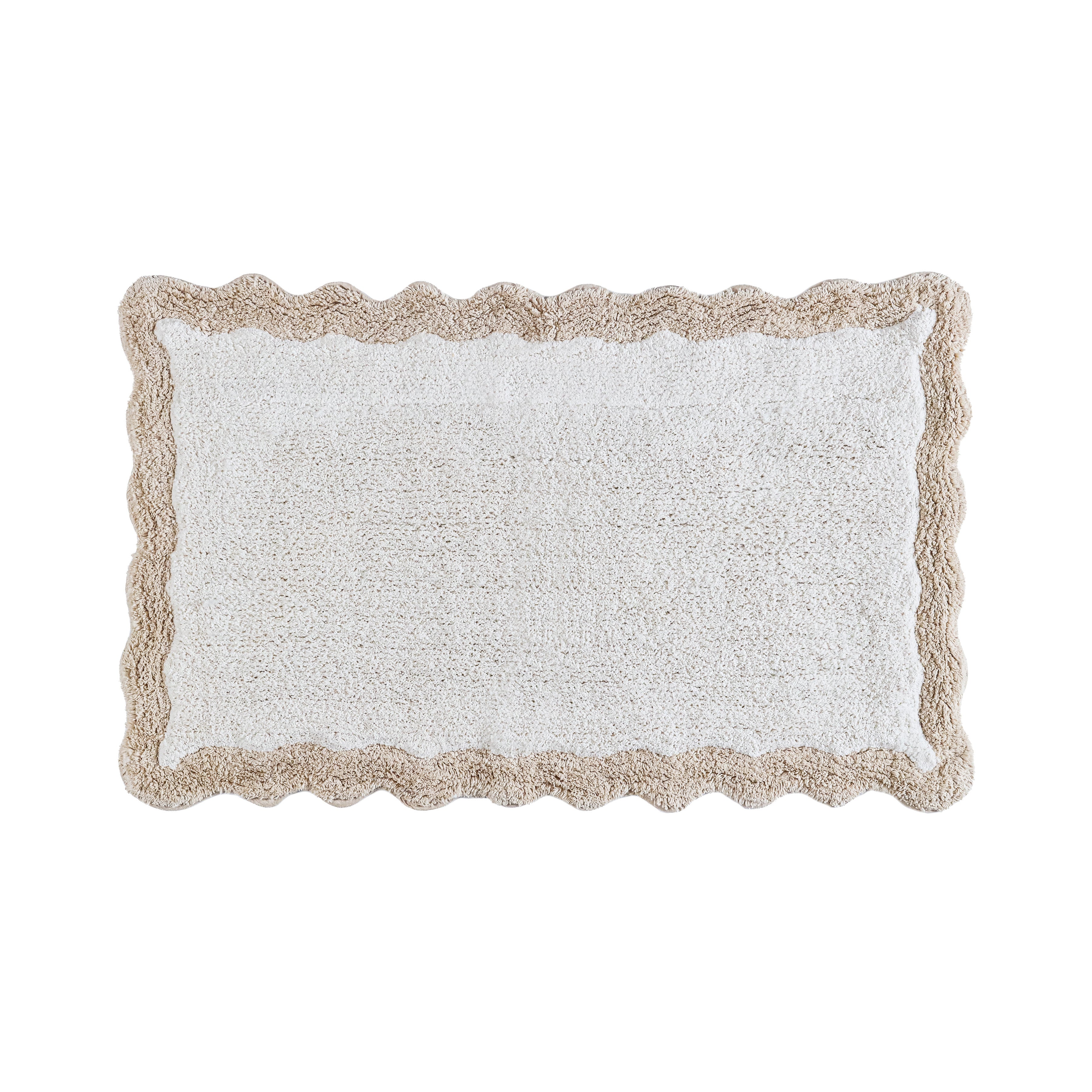 Cotton Scalloped Bathmat with Antiskid, 20X32 Inches, Linen, 100% Cotton Scalloped Bath Mat, Anti Skid, Soft & Absorbent Bathroom Rug for Shower, Tub & Entryway