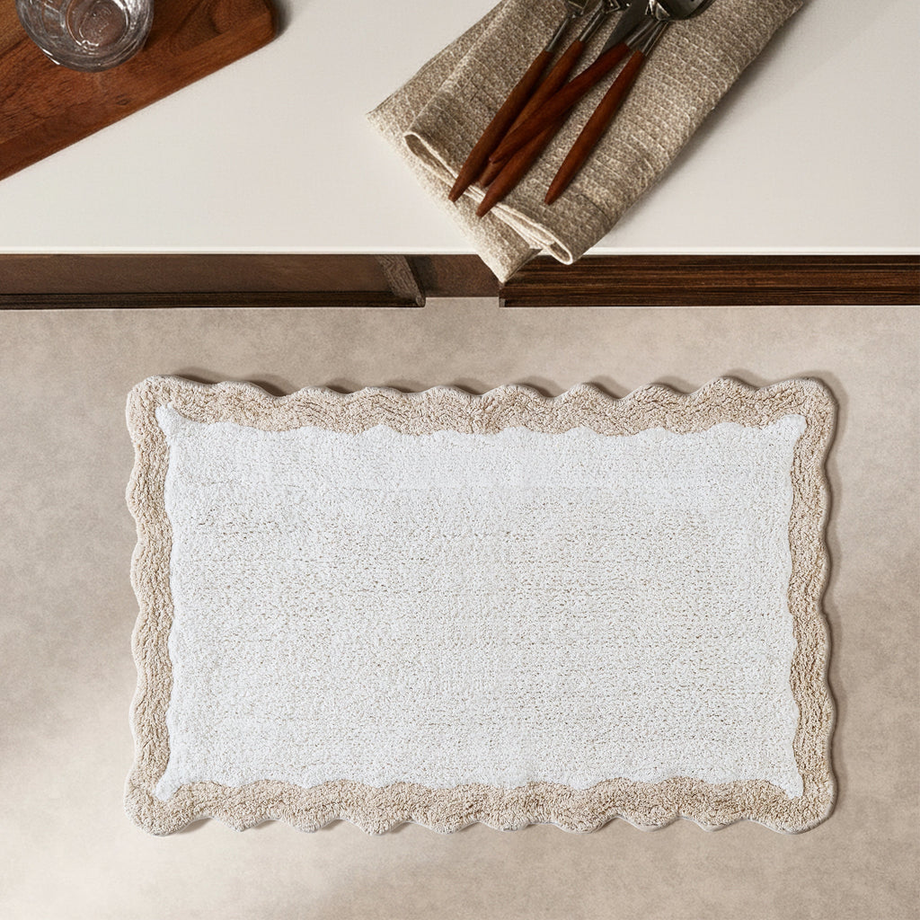 Cotton Scalloped Bathmat with Antiskid, 20X32 Inches, Linen, 100% Cotton Scalloped Bath Mat, Anti Skid, Soft & Absorbent Bathroom Rug for Shower, Tub & Entryway