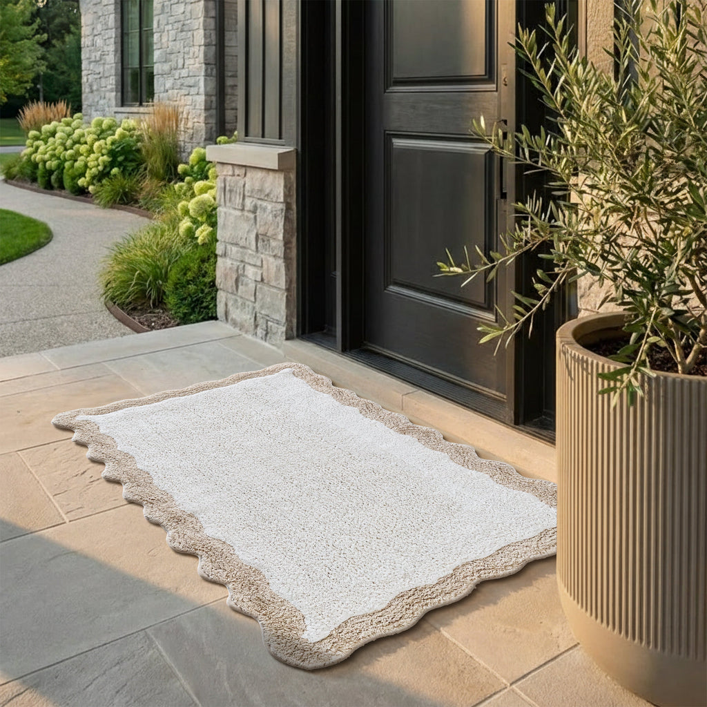 Cotton Scalloped Bathmat with Antiskid, 20X32 Inches, Linen, 100% Cotton Scalloped Bath Mat, Anti Skid, Soft & Absorbent Bathroom Rug for Shower, Tub & Entryway
