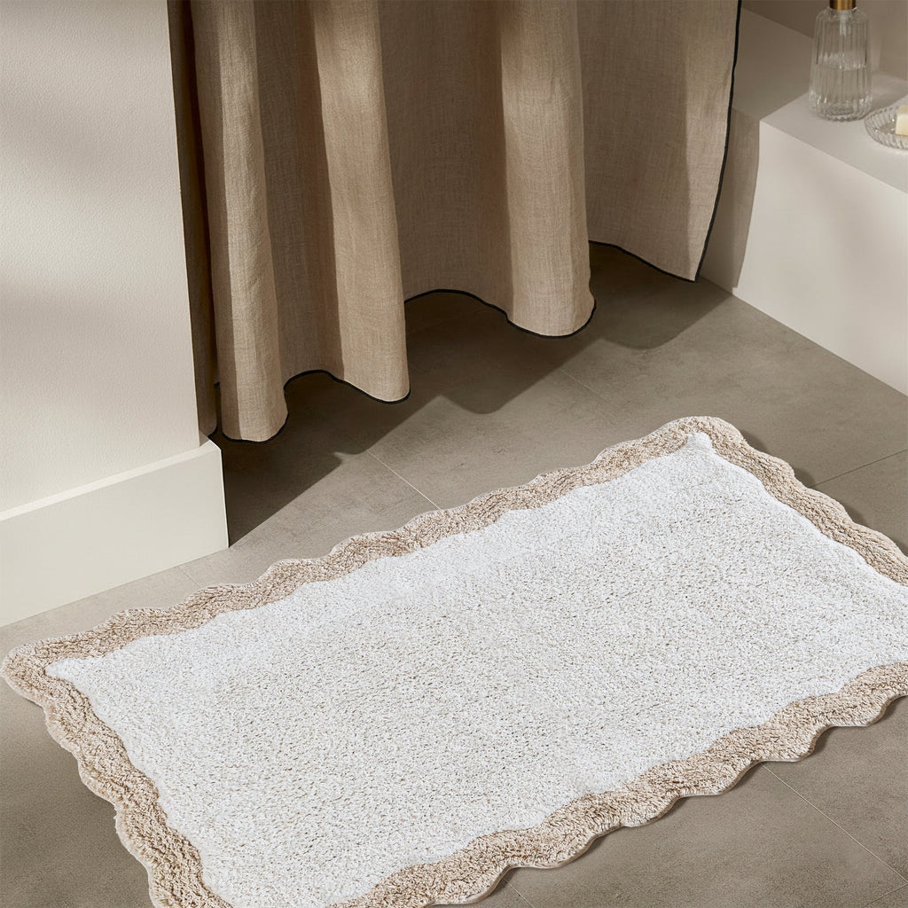 Cotton Scalloped Bathmat with Antiskid, 20X32 Inches, Linen, 100% Cotton Scalloped Bath Mat, Anti Skid, Soft & Absorbent Bathroom Rug for Shower, Tub & Entryway