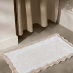 Cotton Scalloped Bathmat with Antiskid, 20X32 Inches, Linen, 100% Cotton Scalloped Bath Mat, Anti Skid, Soft & Absorbent Bathroom Rug for Shower, Tub & Entryway