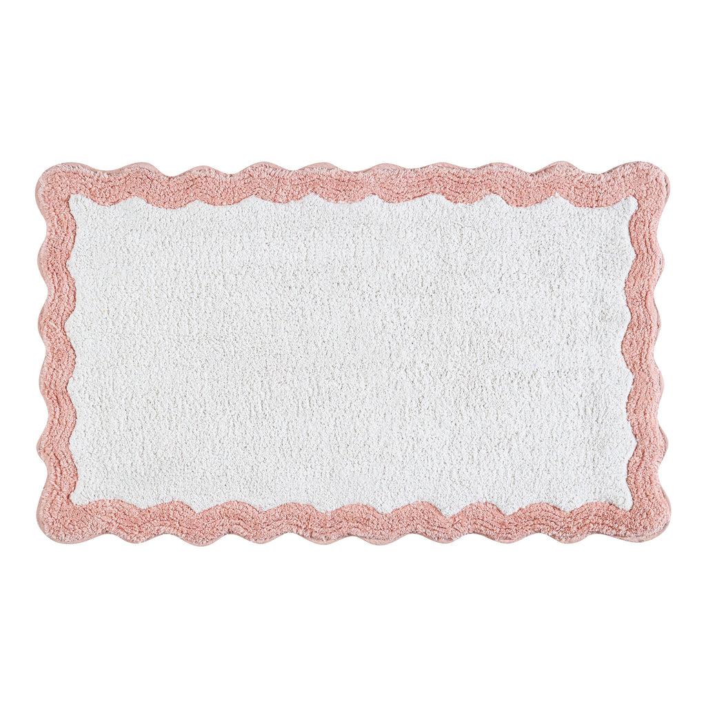 Cotton Scalloped Bathmat with Antiskid, 20X32 Inches, Pink, 100% Cotton Scalloped Bath Mat, Anti Skid, Soft & Absorbent Bathroom Rug for Shower, Tub & Entryway