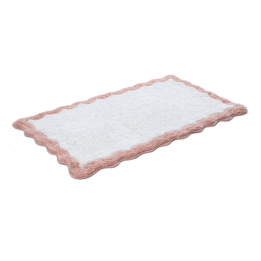 Cotton Scalloped Bathmat with Antiskid, 20X32 Inches, Pink, 100% Cotton Scalloped Bath Mat, Anti Skid, Soft & Absorbent Bathroom Rug for Shower, Tub & Entryway