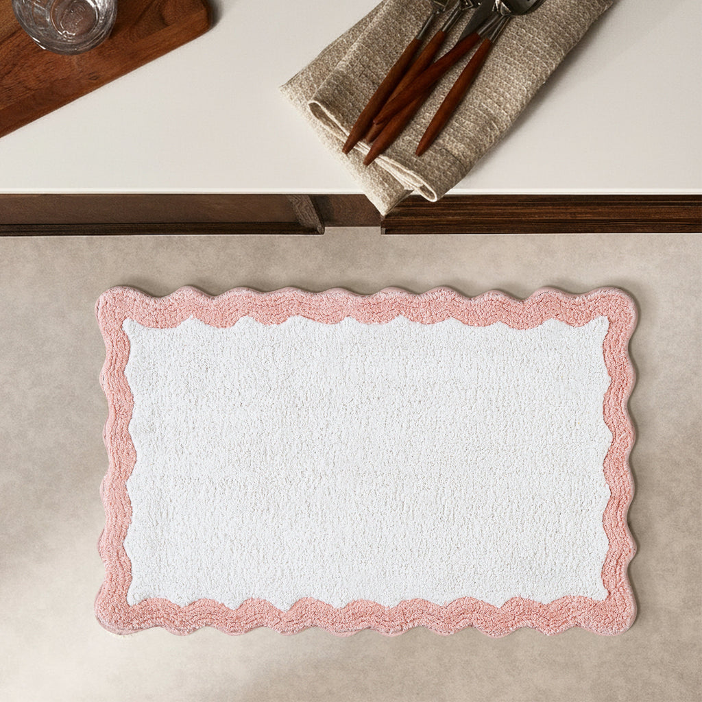 Cotton Scalloped Bathmat with Antiskid, 20X32 Inches, Pink, 100% Cotton Scalloped Bath Mat, Anti Skid, Soft & Absorbent Bathroom Rug for Shower, Tub & Entryway