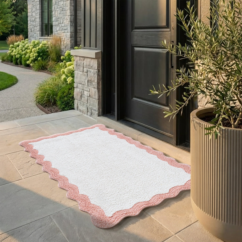 Cotton Scalloped Bathmat with Antiskid, 20X32 Inches, Pink, 100% Cotton Scalloped Bath Mat, Anti Skid, Soft & Absorbent Bathroom Rug for Shower, Tub & Entryway