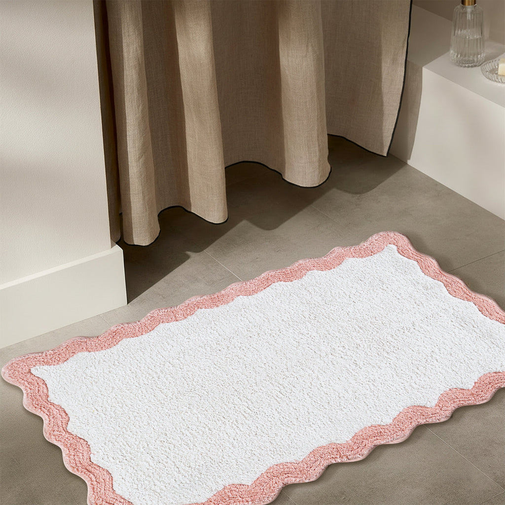 Cotton Scalloped Bathmat with Antiskid, 20X32 Inches, Pink, 100% Cotton Scalloped Bath Mat, Anti Skid, Soft & Absorbent Bathroom Rug for Shower, Tub & Entryway