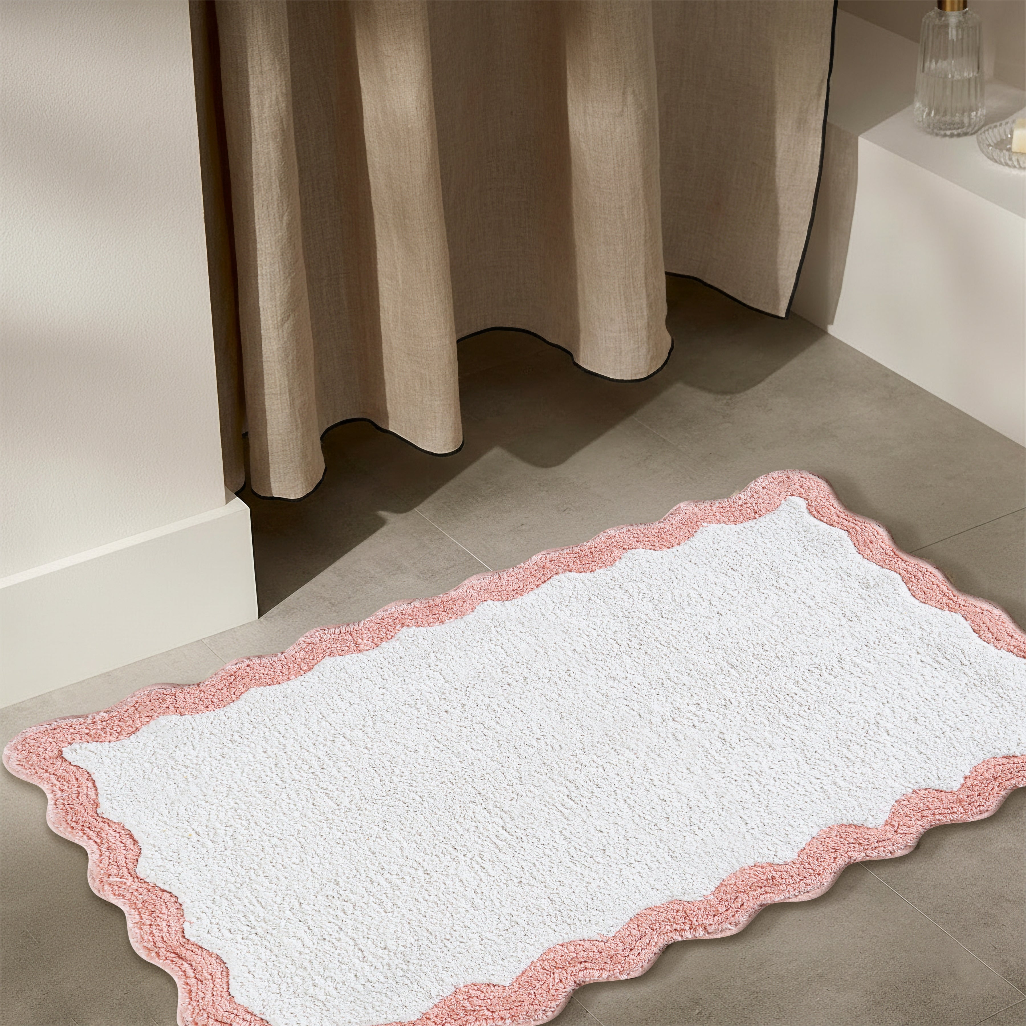 Cotton Scalloped Bathmat with Antiskid, 20X32 Inches, Pink, 100% Cotton Scalloped Bath Mat, Anti Skid, Soft & Absorbent Bathroom Rug for Shower, Tub & Entryway
