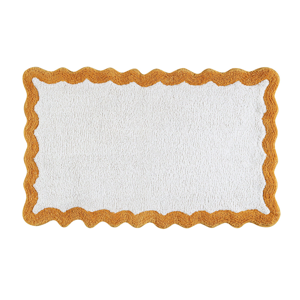 Cotton Scalloped Bathmat with Antiskid, 20X32 Inches, Mustard, 100% Cotton Scalloped Bath Mat, Anti Skid, Soft & Absorbent Bathroom Rug for Shower, Tub & Entryway