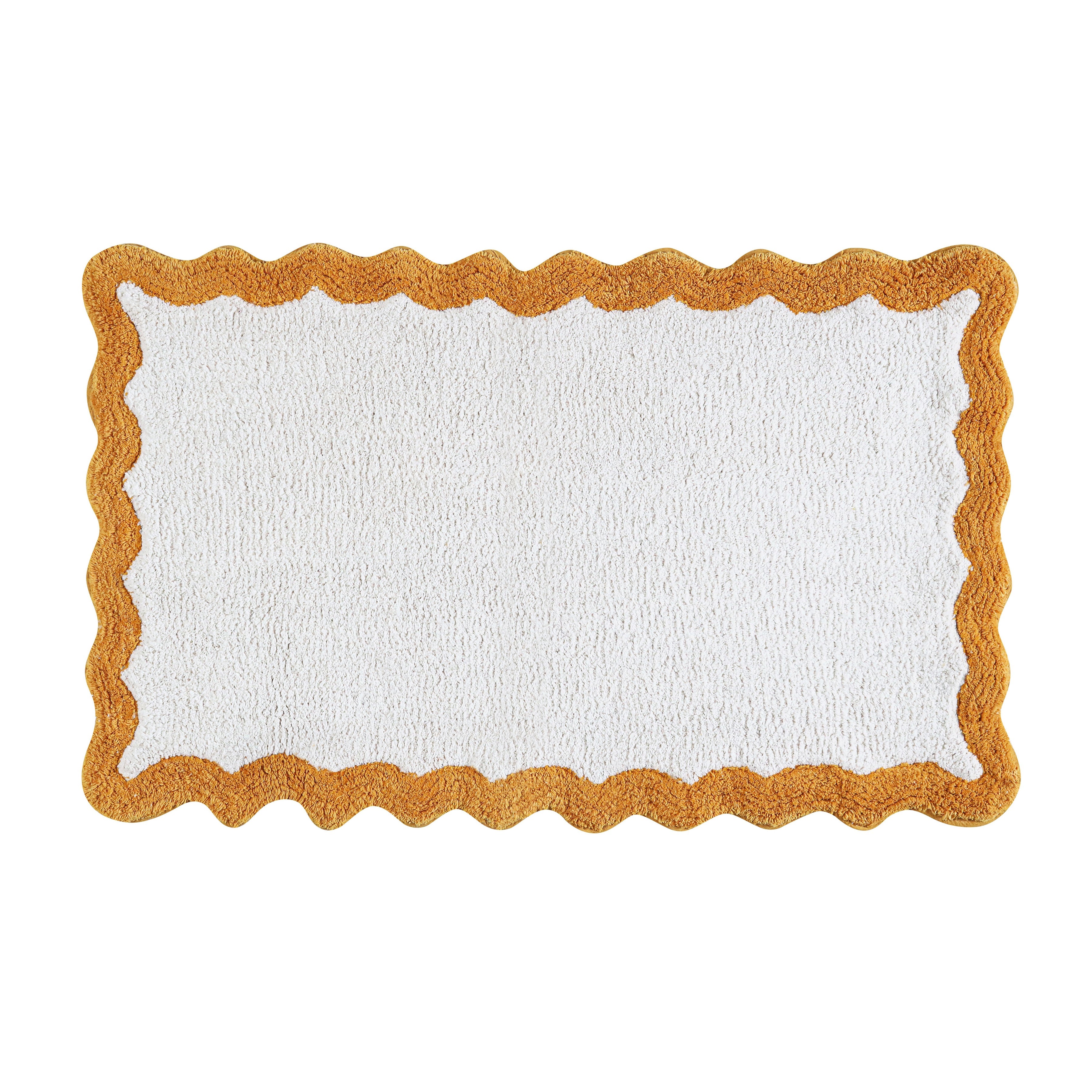 Cotton Scalloped Bathmat with Antiskid, 20X32 Inches, Mustard, 100% Cotton Scalloped Bath Mat, Anti Skid, Soft & Absorbent Bathroom Rug for Shower, Tub & Entryway
