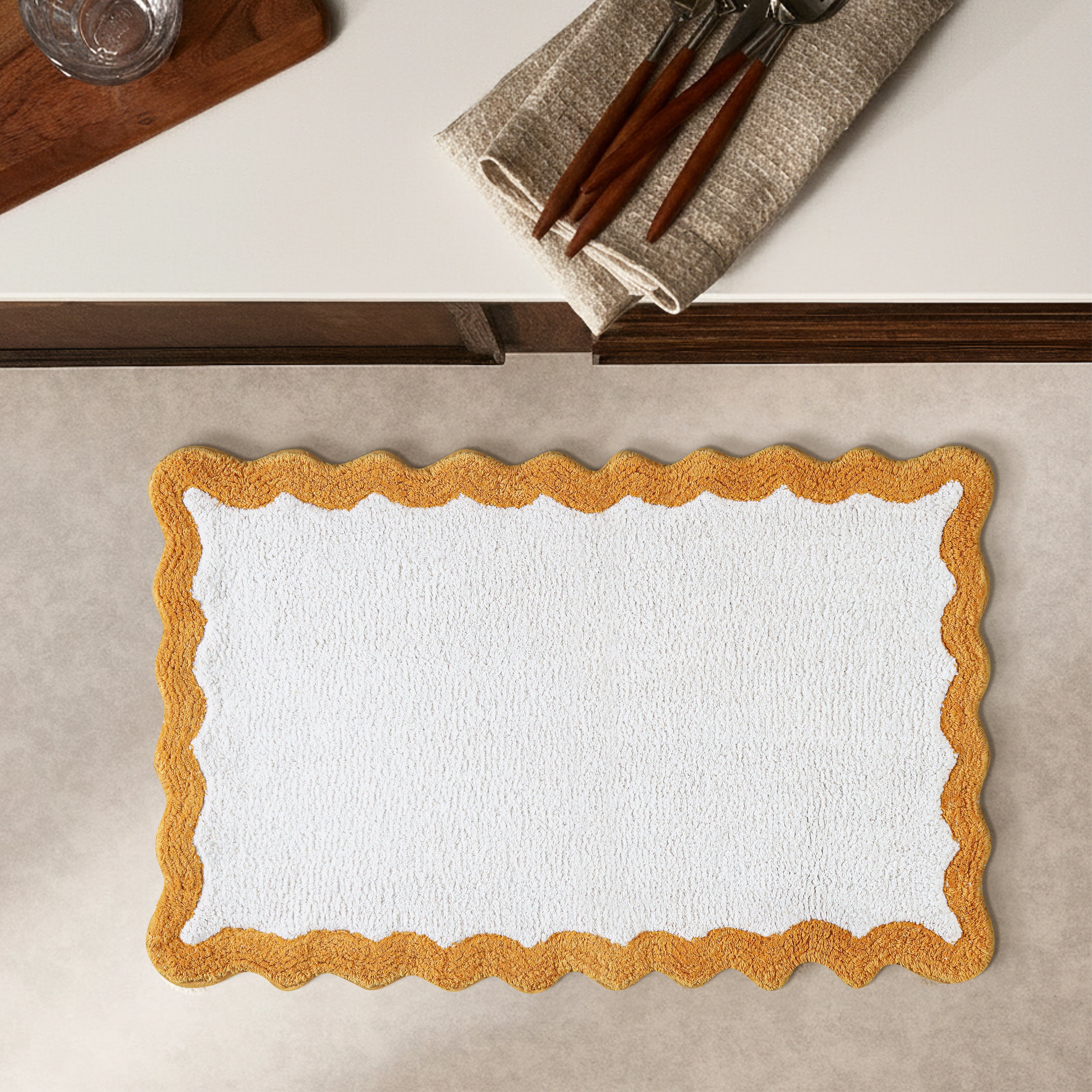Cotton Scalloped Bathmat with Antiskid, 20X32 Inches, Mustard, 100% Cotton Scalloped Bath Mat, Anti Skid, Soft & Absorbent Bathroom Rug for Shower, Tub & Entryway