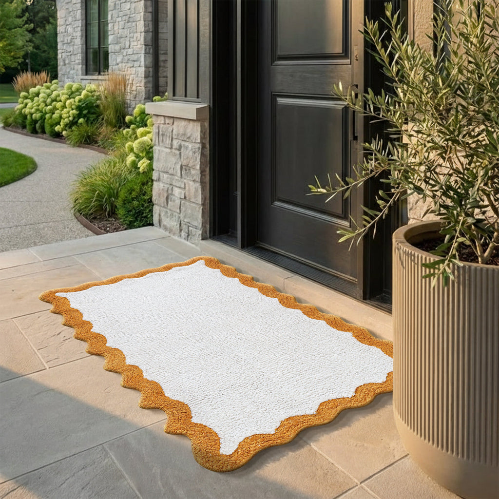 Cotton Scalloped Bathmat with Antiskid, 20X32 Inches, Mustard, 100% Cotton Scalloped Bath Mat, Anti Skid, Soft & Absorbent Bathroom Rug for Shower, Tub & Entryway