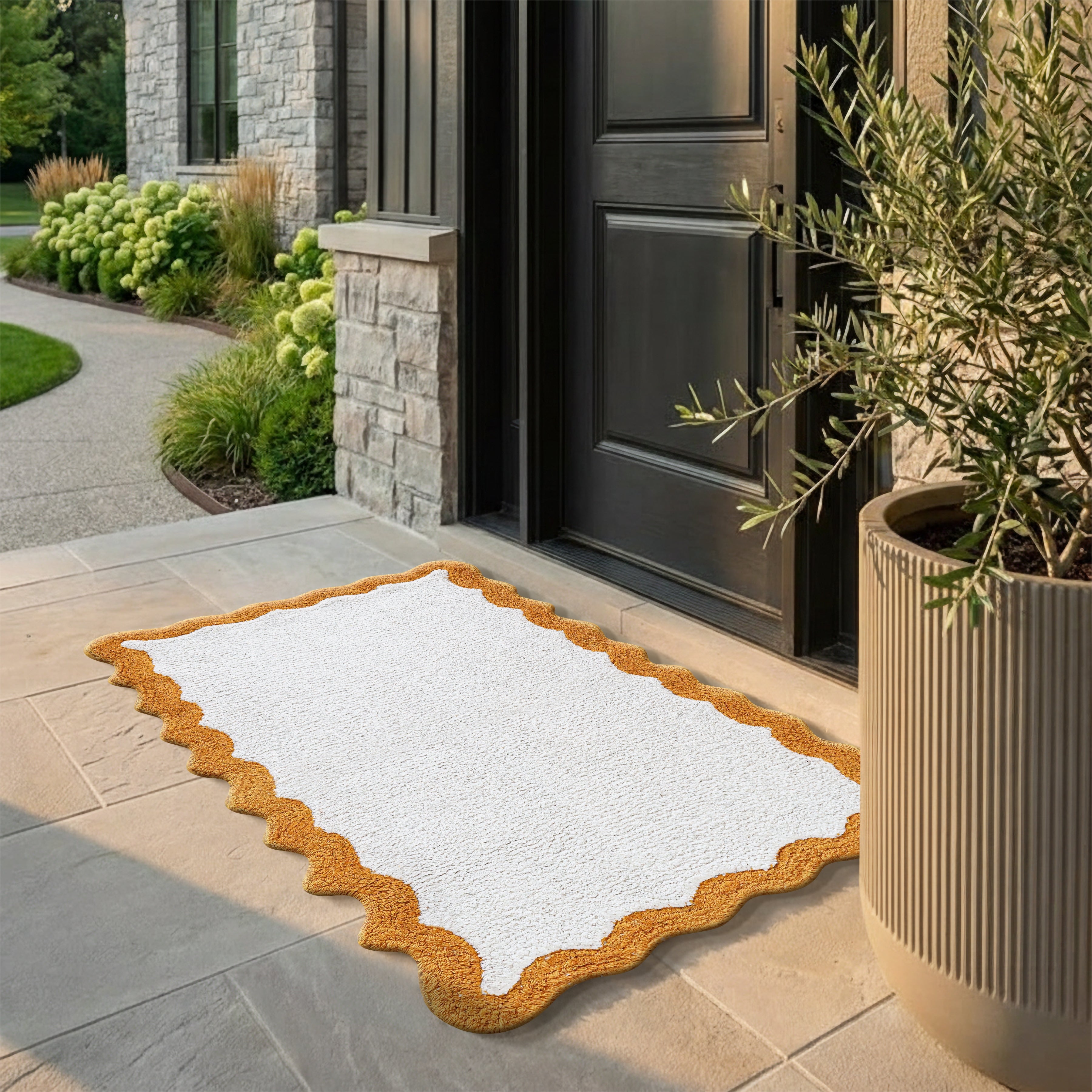 Cotton Scalloped Bathmat with Antiskid, 20X32 Inches, Mustard, 100% Cotton Scalloped Bath Mat, Anti Skid, Soft & Absorbent Bathroom Rug for Shower, Tub & Entryway