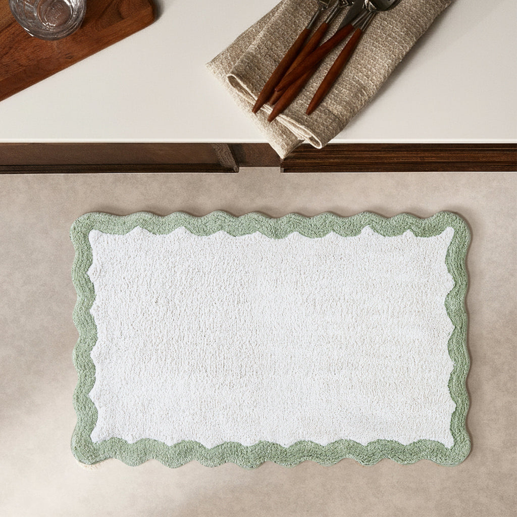Cotton Scalloped Bathmat with Antiskid, 20X32 Inches, Sage, 100% Cotton Scalloped Bath Mat, Anti Skid, Soft & Absorbent Bathroom Rug for Shower, Tub & Entryway