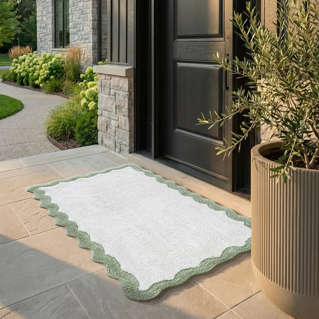 Cotton Scalloped Bathmat with Antiskid, 20X32 Inches, Sage, 100% Cotton Scalloped Bath Mat, Anti Skid, Soft & Absorbent Bathroom Rug for Shower, Tub & Entryway