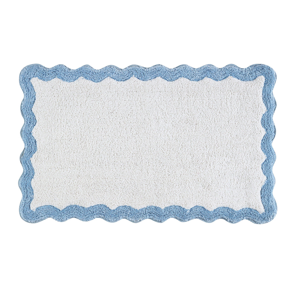 Cotton Scalloped Bathmat with Antiskid, 20X32 Inches, Blue, 100% Cotton Scalloped Bath Mat, Anti Skid, Soft & Absorbent Bathroom Rug for Shower, Tub & Entryway