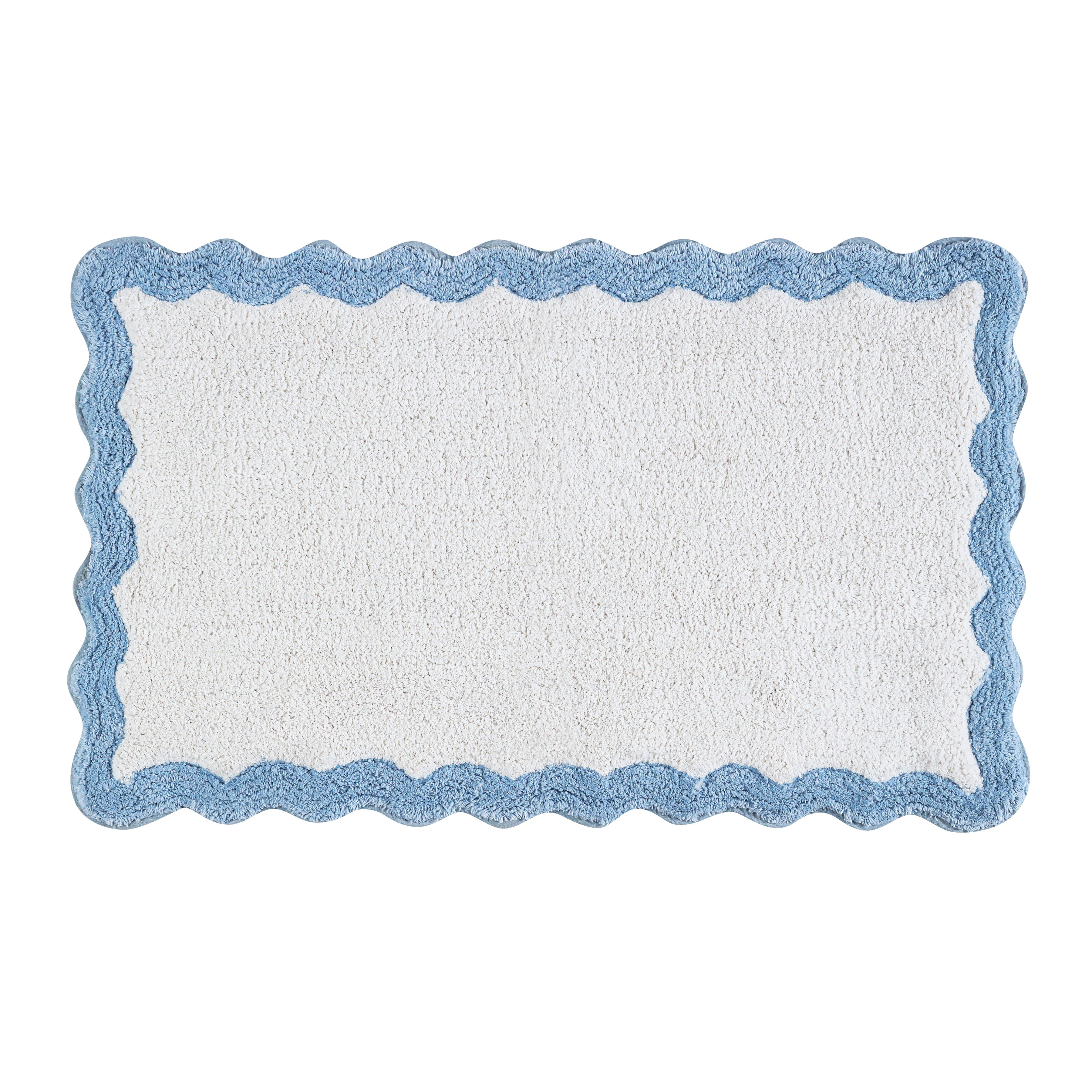 Cotton Scalloped Bathmat with Antiskid, 20X32 Inches, Blue, 100% Cotton Scalloped Bath Mat, Anti Skid, Soft & Absorbent Bathroom Rug for Shower, Tub & Entryway