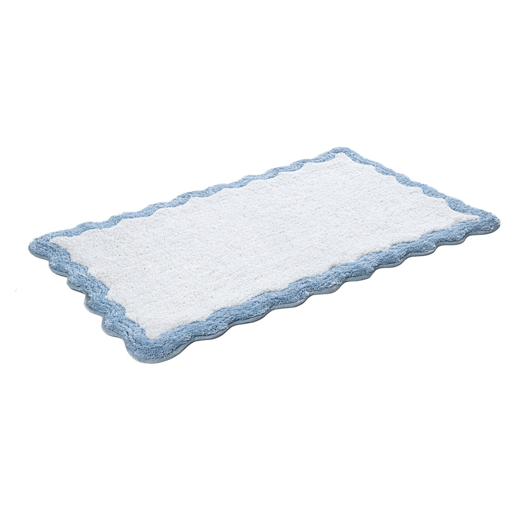 Cotton Scalloped Bathmat with Antiskid, 20X32 Inches, Blue, 100% Cotton Scalloped Bath Mat, Anti Skid, Soft & Absorbent Bathroom Rug for Shower, Tub & Entryway