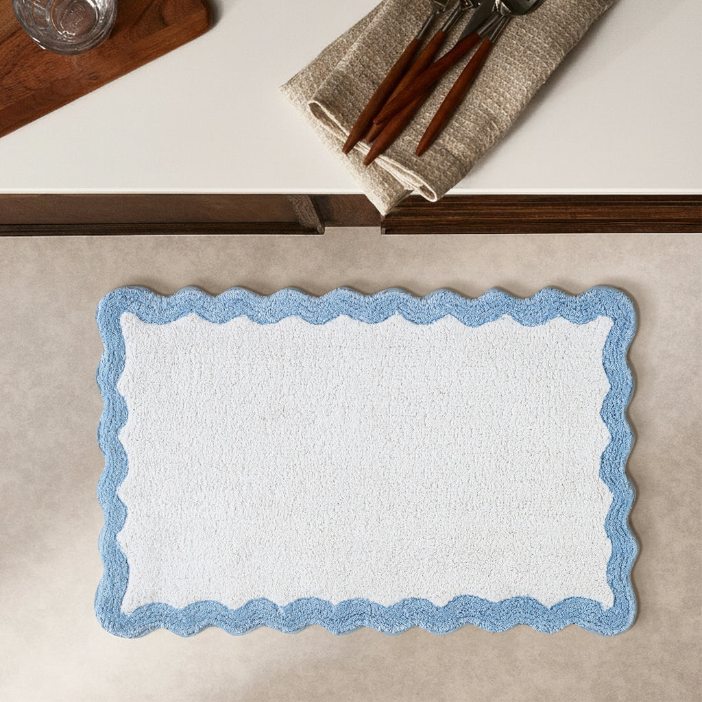 Cotton Scalloped Bathmat with Antiskid, 20X32 Inches, Blue, 100% Cotton Scalloped Bath Mat, Anti Skid, Soft & Absorbent Bathroom Rug for Shower, Tub & Entryway