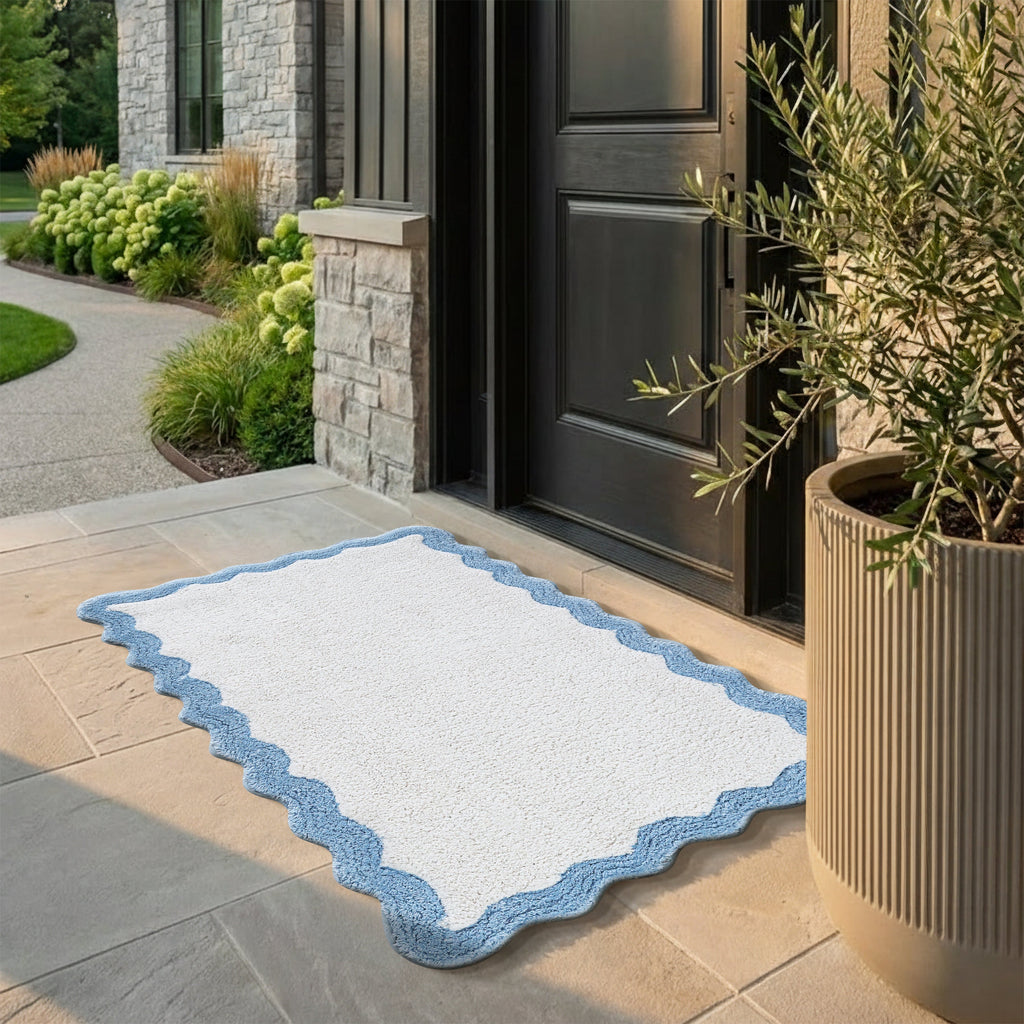 Cotton Scalloped Bathmat with Antiskid, 20X32 Inches, Blue, 100% Cotton Scalloped Bath Mat, Anti Skid, Soft & Absorbent Bathroom Rug for Shower, Tub & Entryway