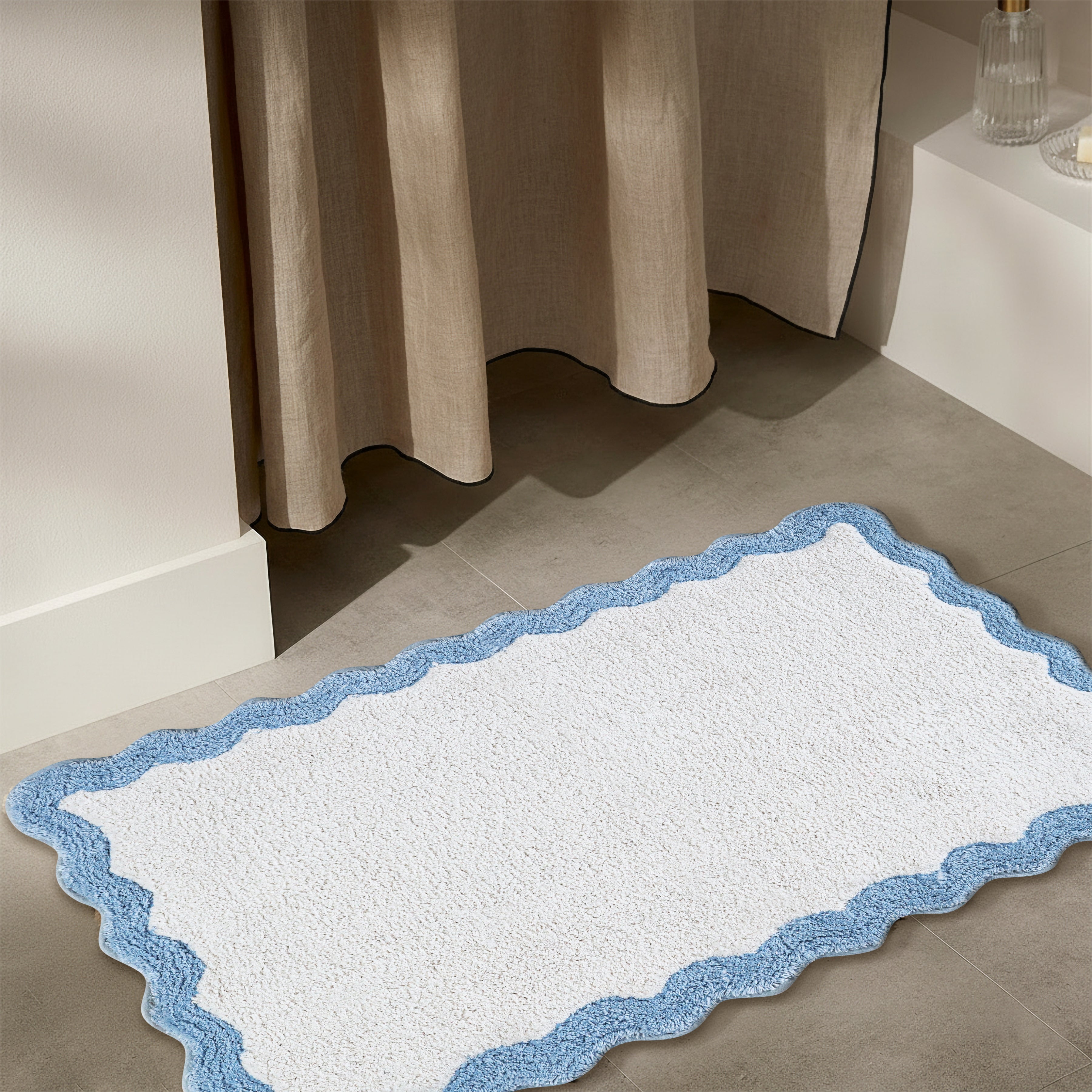 Cotton Scalloped Bathmat with Antiskid, 20X32 Inches, Blue, 100% Cotton Scalloped Bath Mat, Anti Skid, Soft & Absorbent Bathroom Rug for Shower, Tub & Entryway