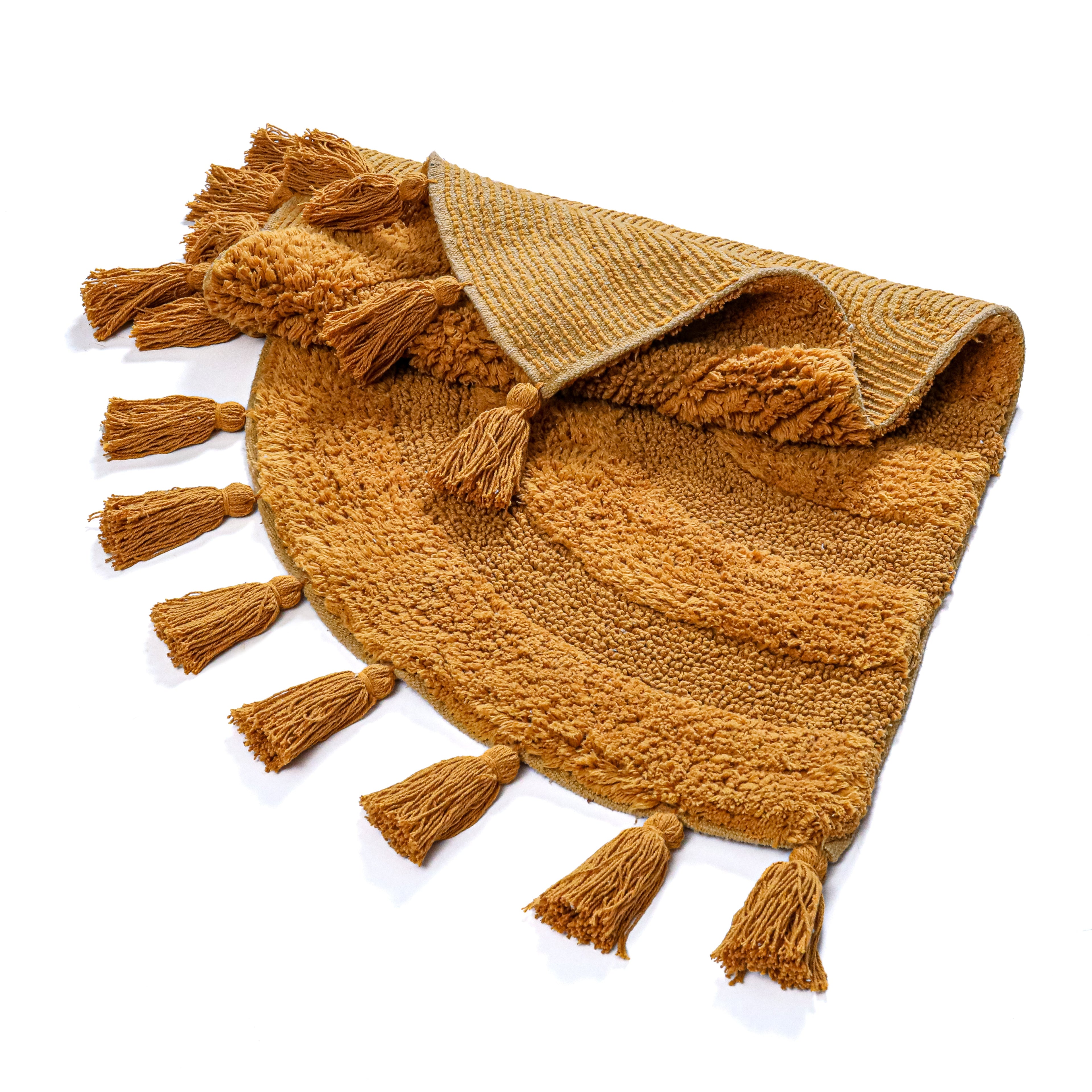Half Circle Bohemian Bathroom Rug with Handwoven Crochet Border, 22X42 Inches, Mustard, Beautifully Handcrafted 100% Cotton Mat, Round Boho Bedroom Rug, Boho Bathroom Décor, Machine Washable