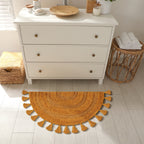 Half Circle Bohemian Bathroom Rug with Handwoven Crochet Border, 22X42 Inches, Mustard, Beautifully Handcrafted 100% Cotton Mat, Round Boho Bedroom Rug, Boho Bathroom Décor, Machine Washable