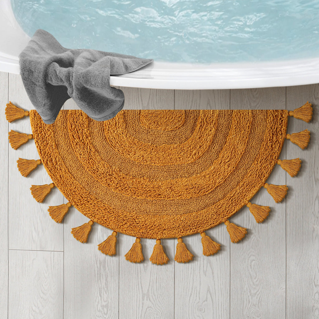 Half Circle Bohemian Bathroom Rug with Handwoven Crochet Border, 22X42 Inches, Mustard, Beautifully Handcrafted 100% Cotton Mat, Round Boho Bedroom Rug, Boho Bathroom Décor, Machine Washable