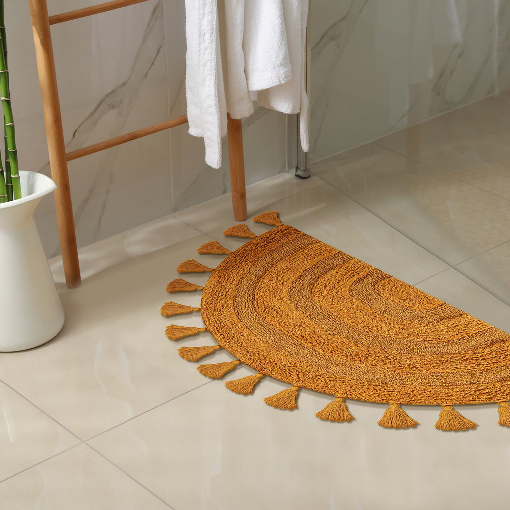 Half Circle Bohemian Bathroom Rug with Handwoven Crochet Border, 22X42 Inches, Mustard, Beautifully Handcrafted 100% Cotton Mat, Round Boho Bedroom Rug, Boho Bathroom Décor, Machine Washable