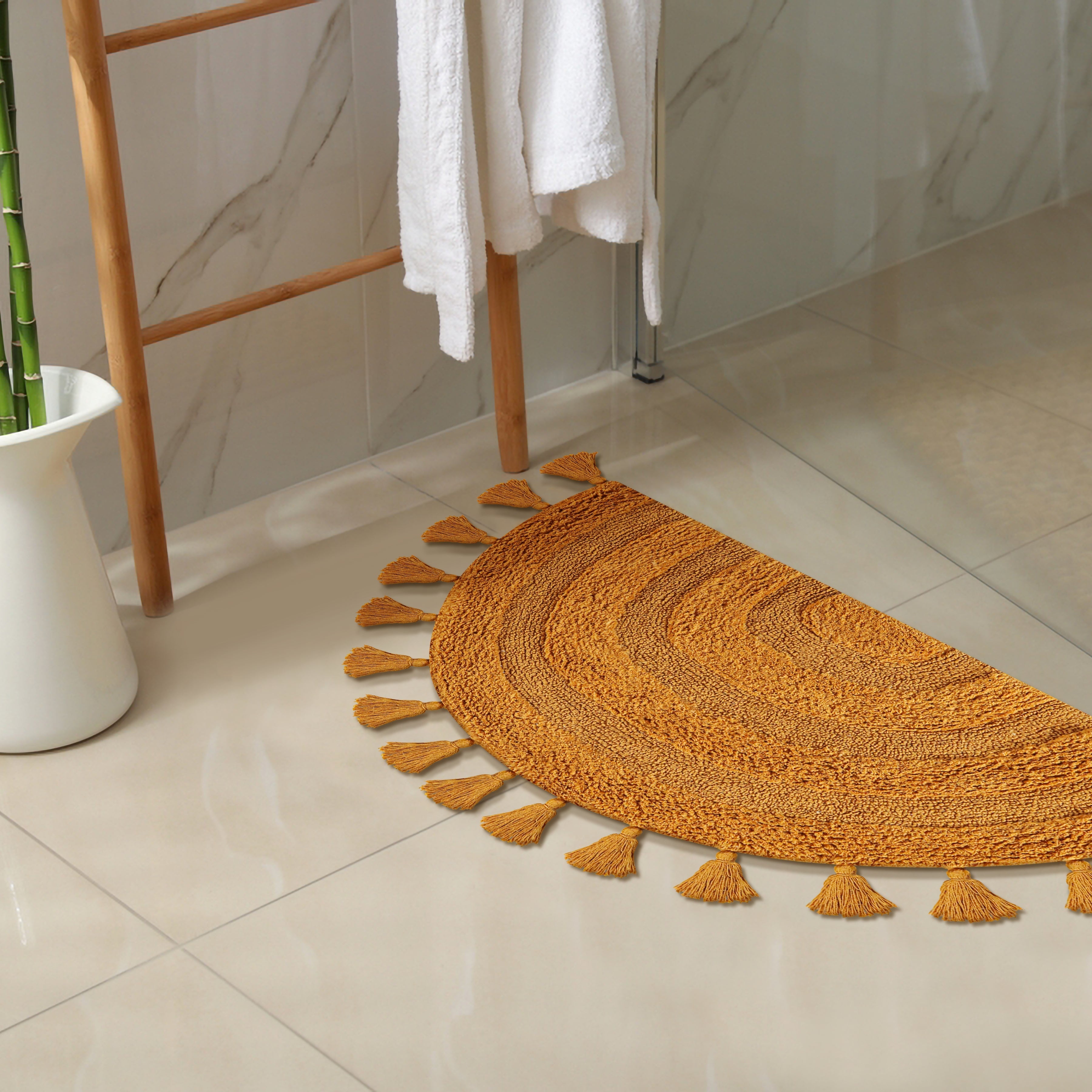 Half Circle Bohemian Bathroom Rug with Handwoven Crochet Border, 22X42 Inches, Mustard, Beautifully Handcrafted 100% Cotton Mat, Round Boho Bedroom Rug, Boho Bathroom Décor, Machine Washable