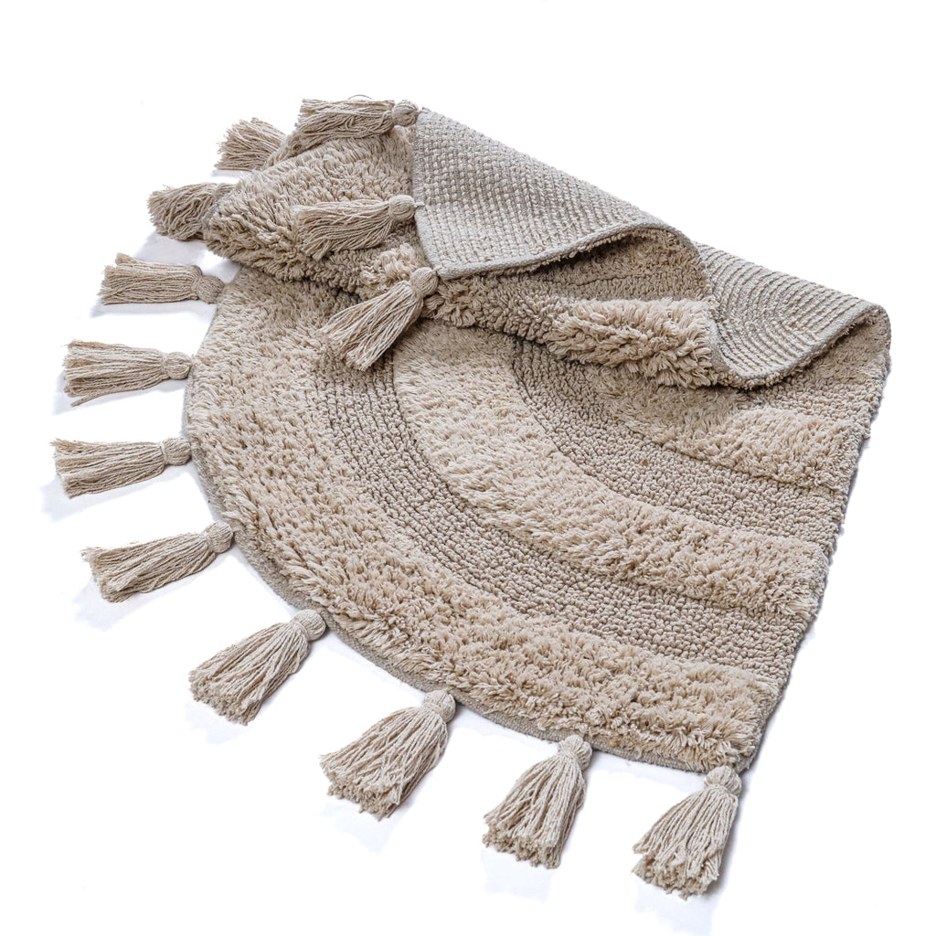Half Circle Bohemian Bathroom Rug with Handwoven Crochet Border, 22X42 Inches, Beige, Beautifully Handcrafted 100% Cotton Mat, Round Boho Bedroom Rug, Boho Bathroom Décor, Machine Washable
