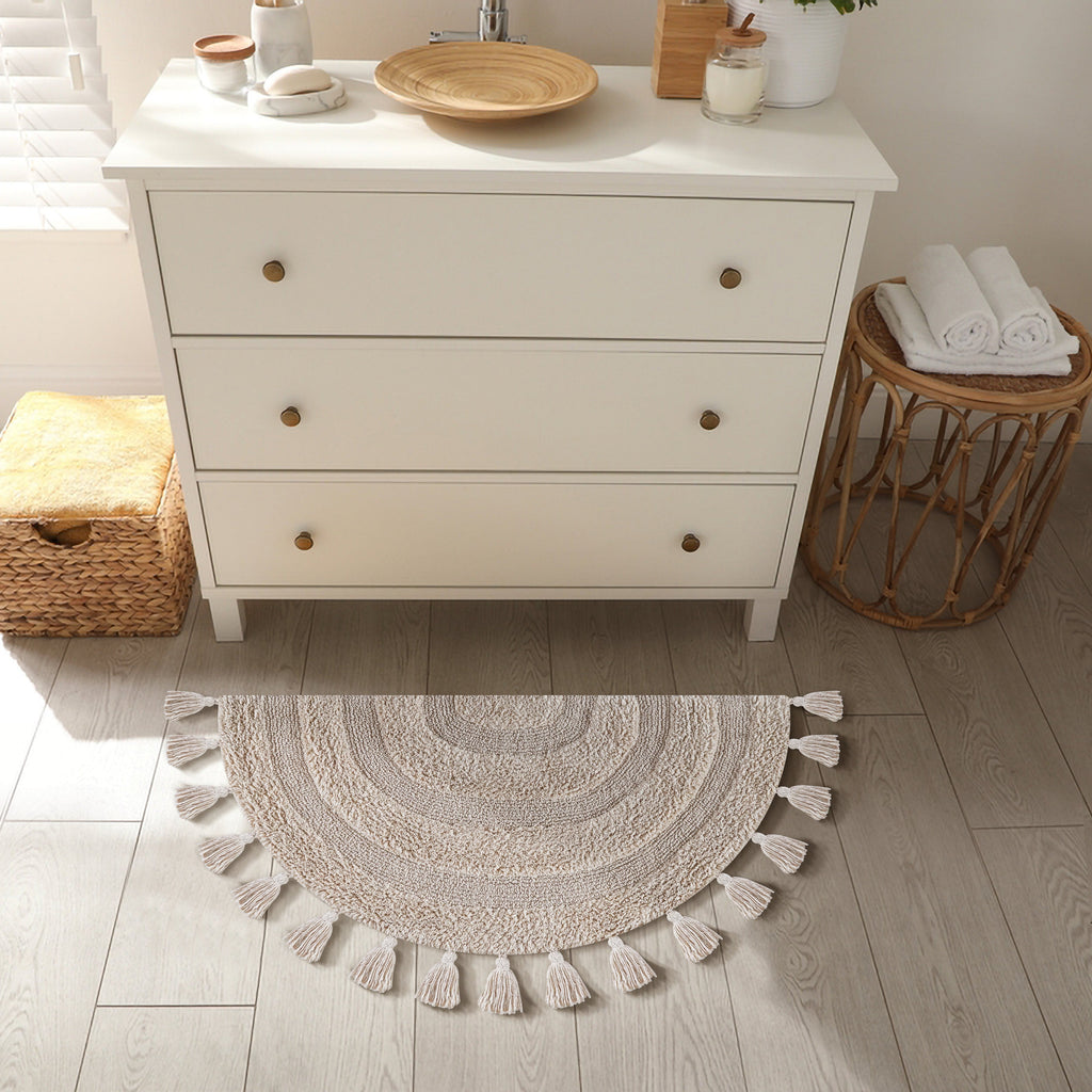 Half Circle Bohemian Bathroom Rug with Handwoven Crochet Border, 22X42 Inches, Beige, Beautifully Handcrafted 100% Cotton Mat, Round Boho Bedroom Rug, Boho Bathroom Décor, Machine Washable