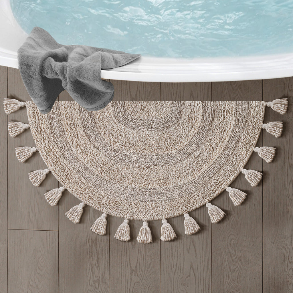 Half Circle Bohemian Bathroom Rug with Handwoven Crochet Border, 22X42 Inches, Beige, Beautifully Handcrafted 100% Cotton Mat, Round Boho Bedroom Rug, Boho Bathroom Décor, Machine Washable
