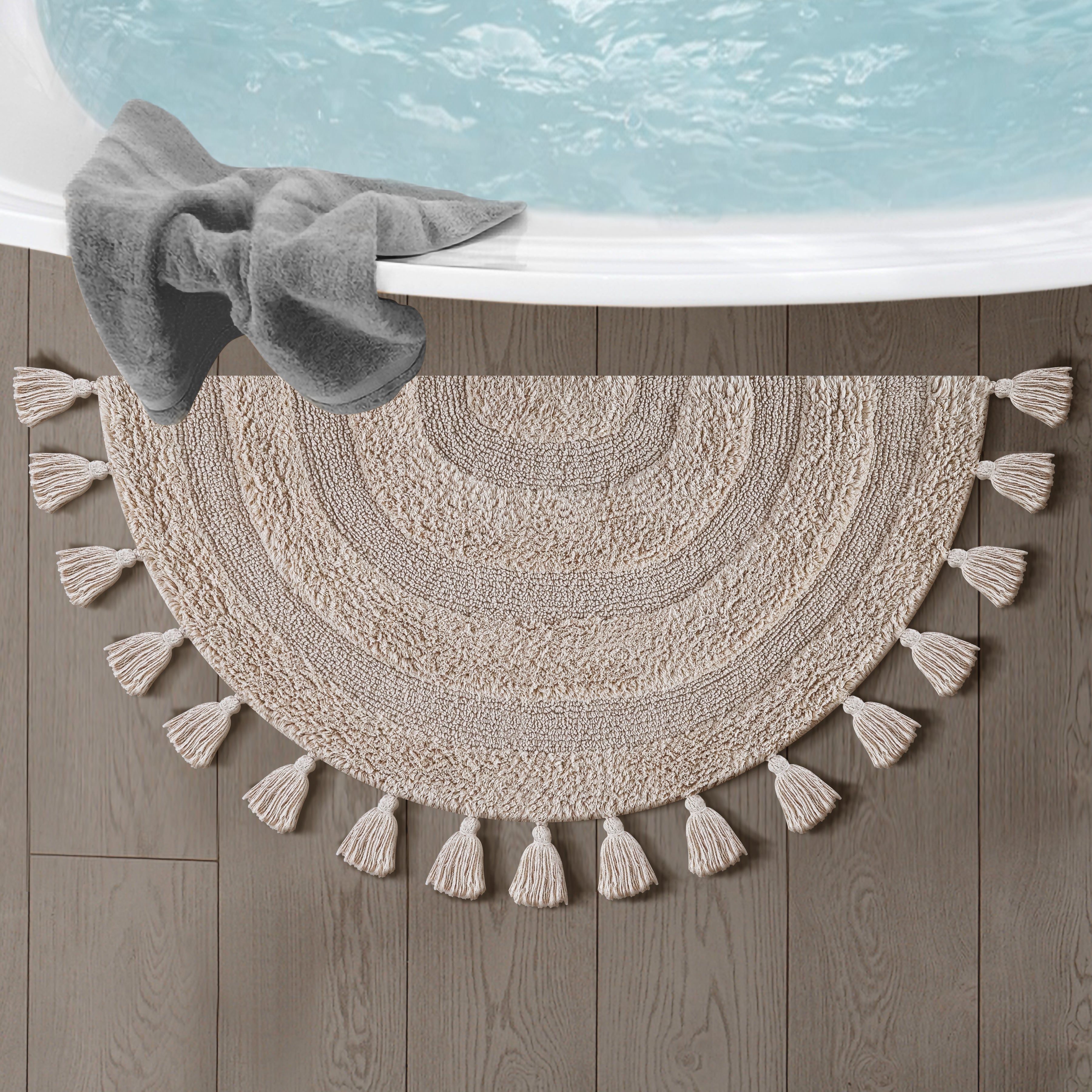 Half Circle Bohemian Bathroom Rug with Handwoven Crochet Border, 22X42 Inches, Beige, Beautifully Handcrafted 100% Cotton Mat, Round Boho Bedroom Rug, Boho Bathroom Décor, Machine Washable