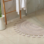Half Circle Bohemian Bathroom Rug with Handwoven Crochet Border, 22X42 Inches, Beige, Beautifully Handcrafted 100% Cotton Mat, Round Boho Bedroom Rug, Boho Bathroom Décor, Machine Washable