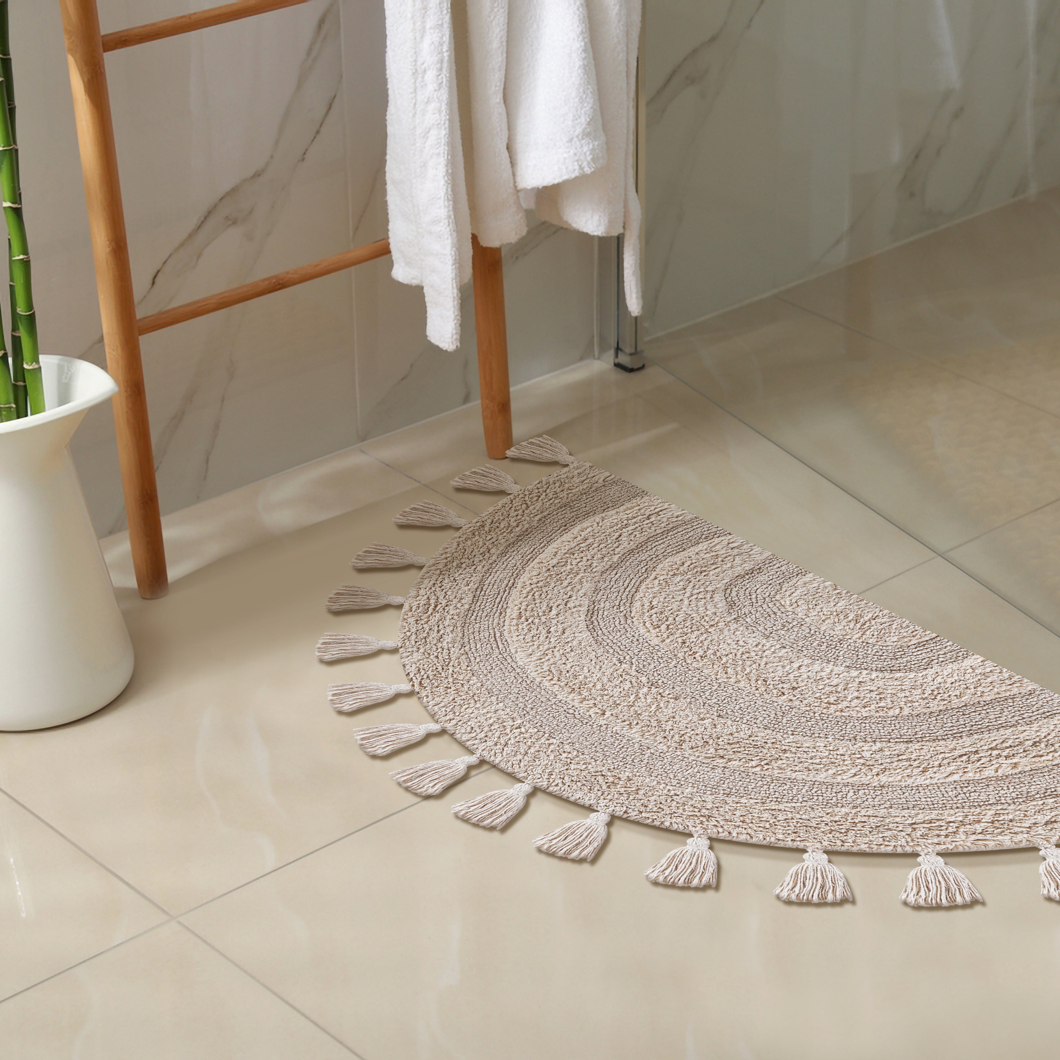 Half Circle Bohemian Bathroom Rug with Handwoven Crochet Border, 22X42 Inches, Beige, Beautifully Handcrafted 100% Cotton Mat, Round Boho Bedroom Rug, Boho Bathroom Décor, Machine Washable
