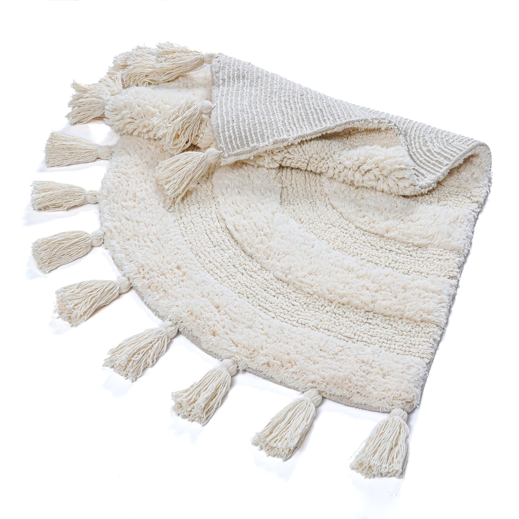 Half Circle Bohemian Bathroom Rug with Handwoven Crochet Border, 22X42 Inches, Ivory, Beautifully Handcrafted 100% Cotton Mat, Round Boho Bedroom Rug, Boho Bathroom Décor, Machine Washable