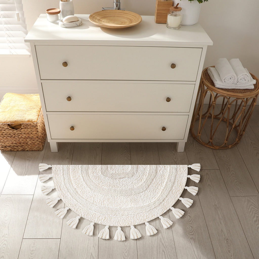 Half Circle Bohemian Bathroom Rug with Handwoven Crochet Border, 22X42 Inches, Ivory, Beautifully Handcrafted 100% Cotton Mat, Round Boho Bedroom Rug, Boho Bathroom Décor, Machine Washable