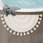Half Circle Bohemian Bathroom Rug with Handwoven Crochet Border, 22X42 Inches, Ivory, Beautifully Handcrafted 100% Cotton Mat, Round Boho Bedroom Rug, Boho Bathroom Décor, Machine Washable