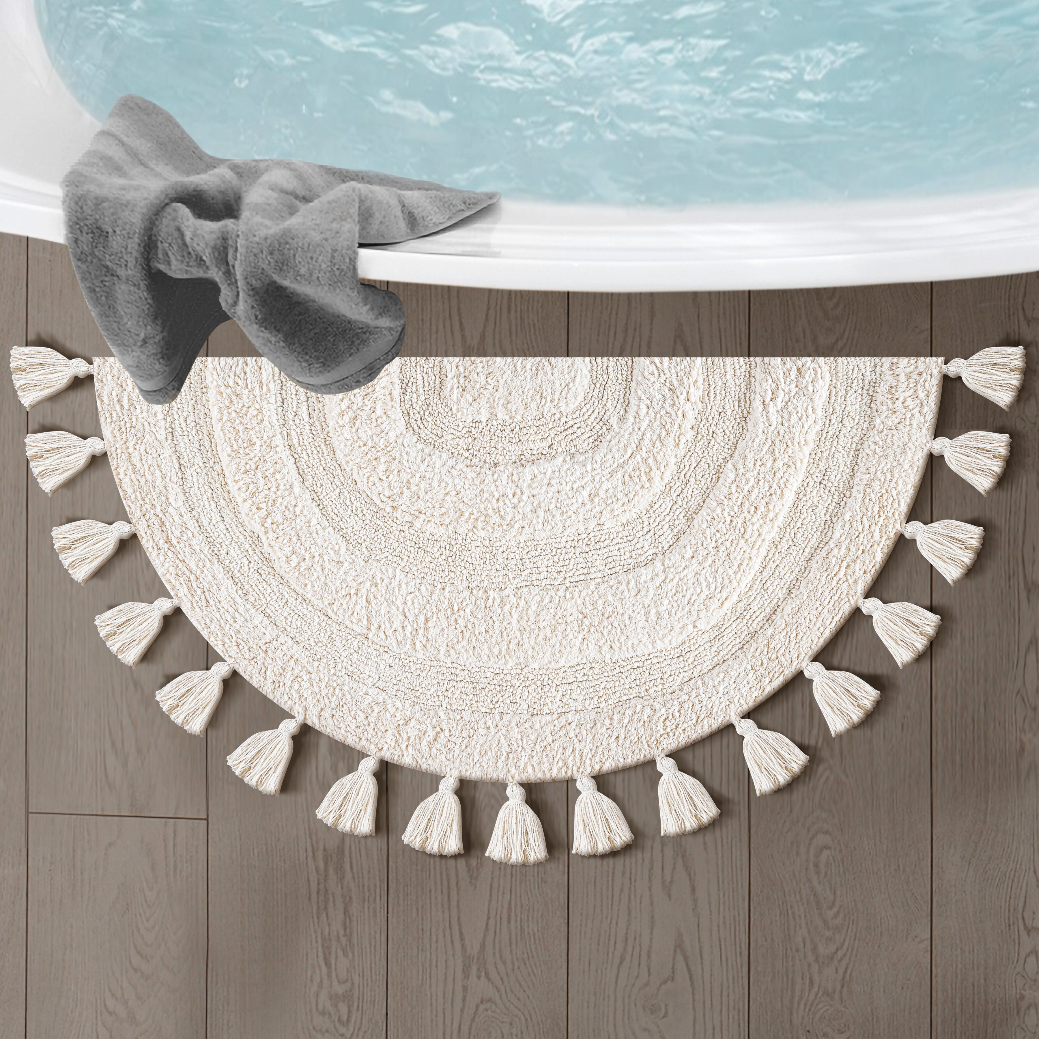 Half Circle Bohemian Bathroom Rug with Handwoven Crochet Border, 22X42 Inches, Ivory, Beautifully Handcrafted 100% Cotton Mat, Round Boho Bedroom Rug, Boho Bathroom Décor, Machine Washable